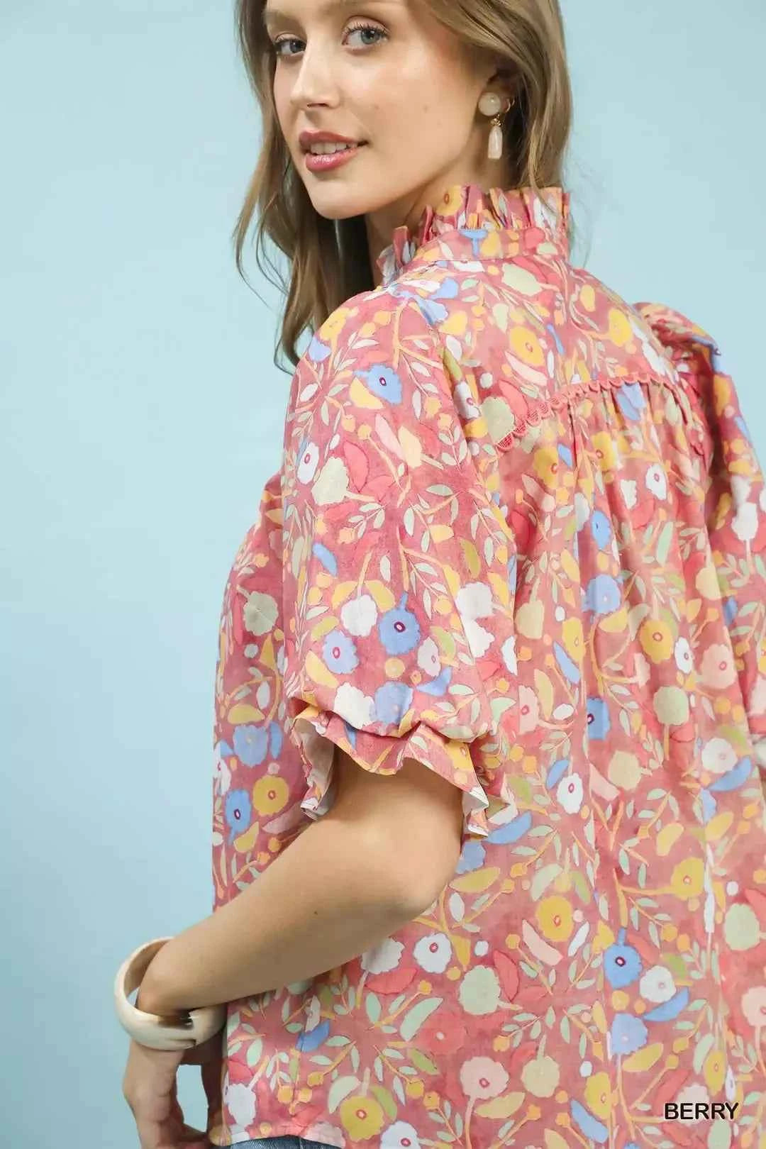 Umgee Smocked Floral Ruffle Trim Top