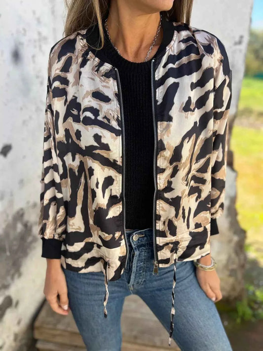Full Size Zip Up Zebra Print Bomber Jacket Plus Size