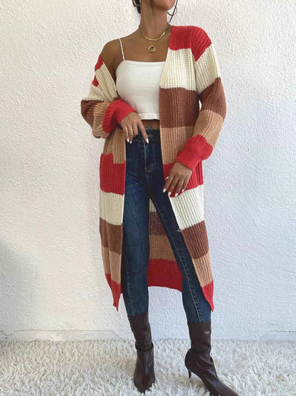 Striped Color Block Open Front Knit Cardigan