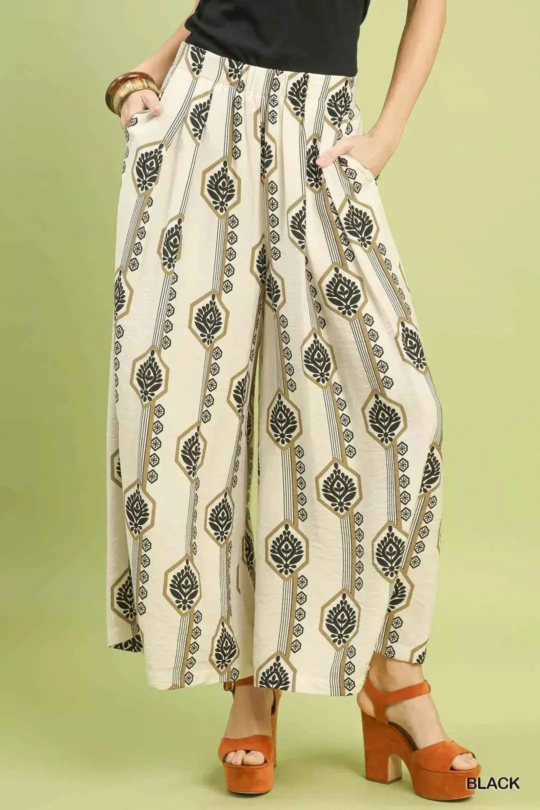Umgee Geometric Boho Print Wide Leg Pants