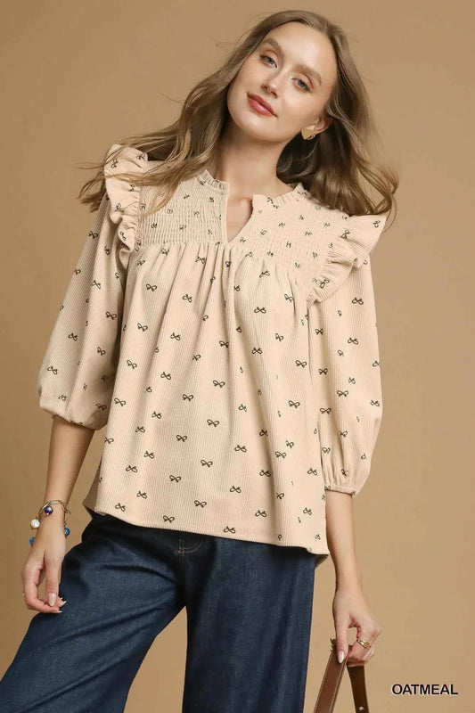 Umgee Bow Print Corduroy Puff Sleeve Blouse with Ruffled