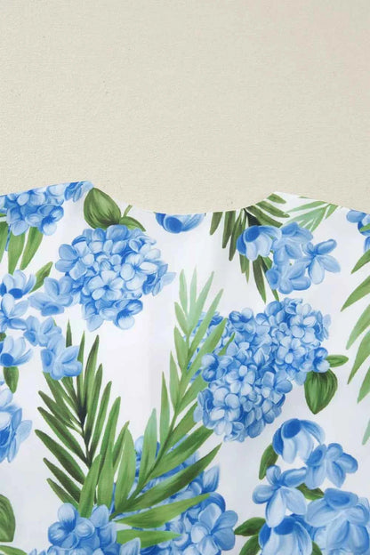 Palm Floral Print Contrast Ribbon Knot Ruffle Tiered Sleeve Mini Dress