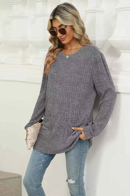 Long Sleeve Ribbed Knit Top with Front Pockets