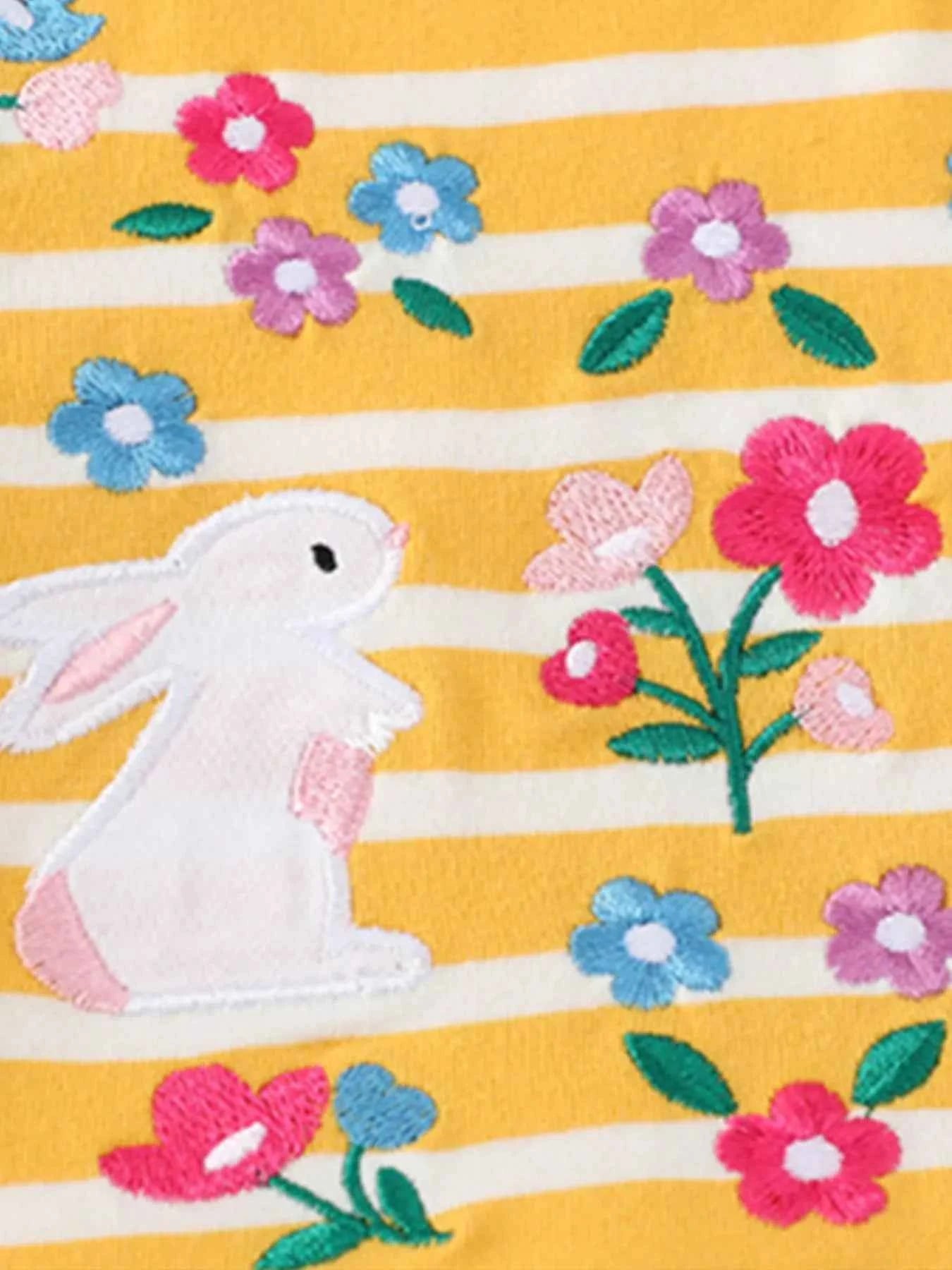 Children's Striped Bunny Embroidered Round Neck Dress