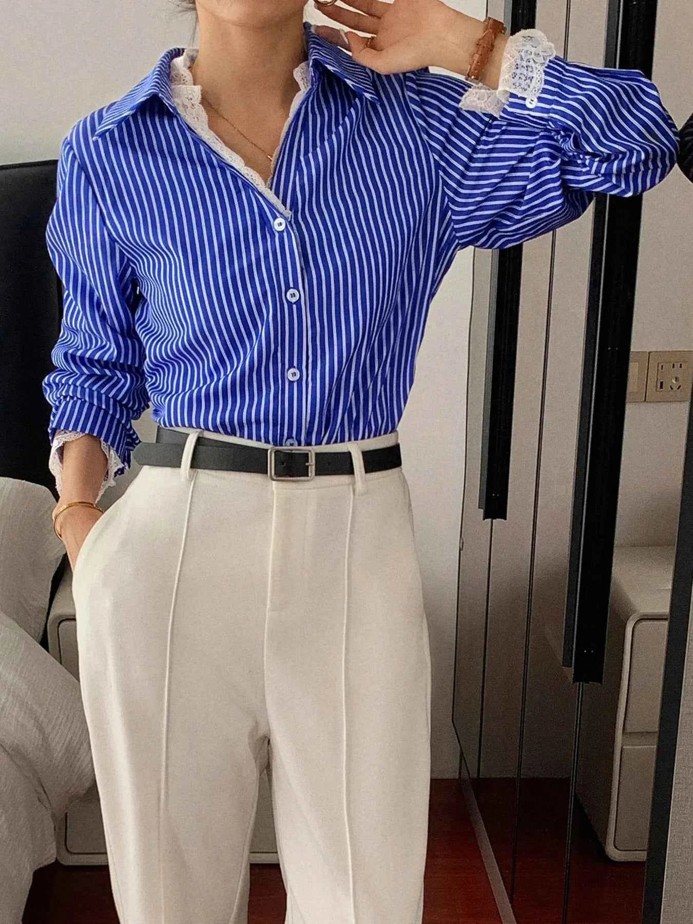 Striped Button-Down Shirt with Lace Detail