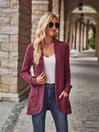 Open Front Ribbed Knit Cardigan