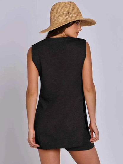 Side Slit Round Neck Tank and Ribbed Shorts Sweater Set