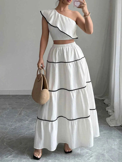 One-Shoulder Ruffle Top and Skirt Two-Piece Set