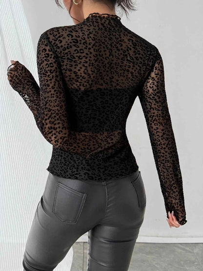 Leopard Print Mesh Long Sleeve T-Shirt