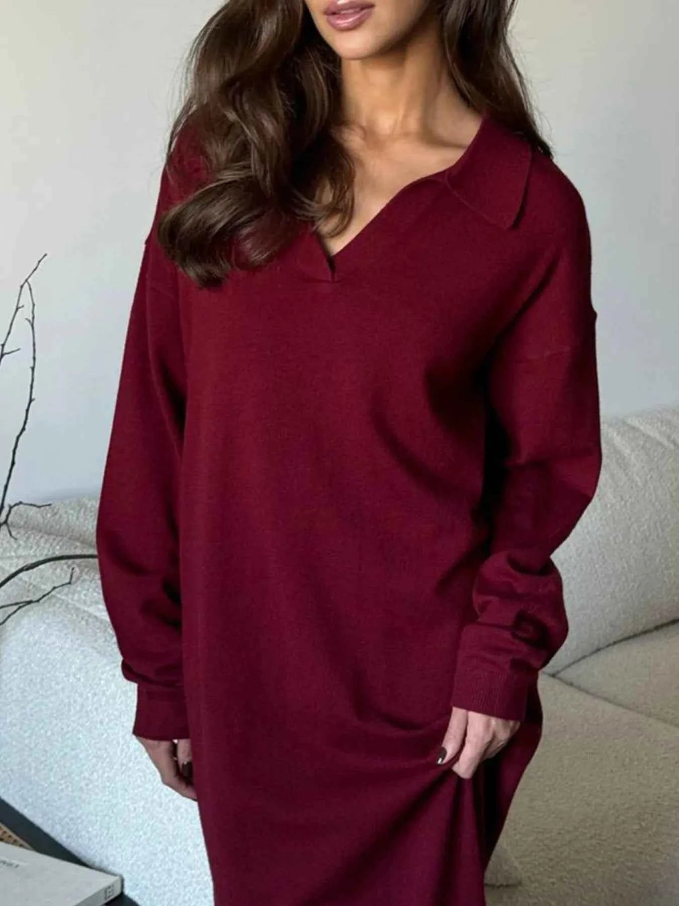 Long Sleeve Collared Neck Knit Dress