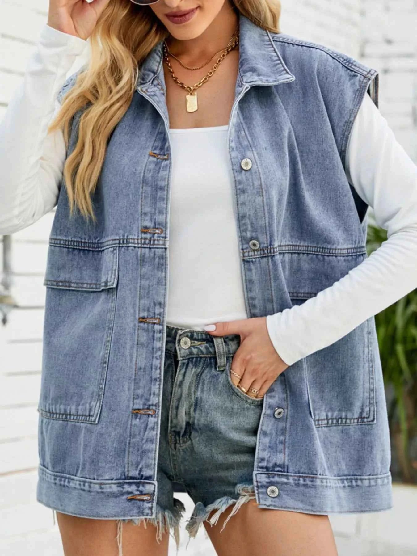 Sleeveless Button-Down Denim Jacket