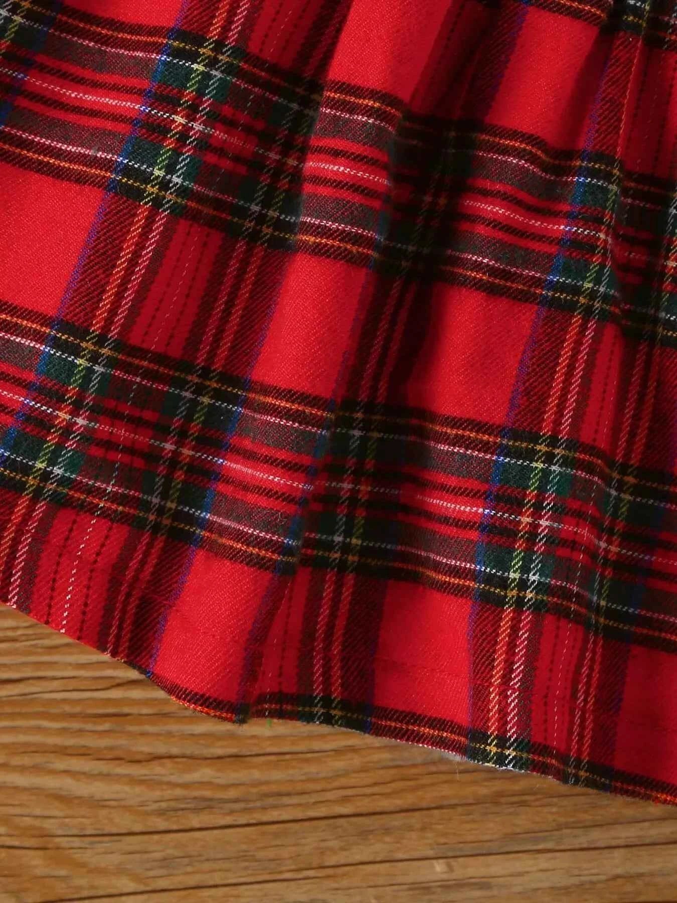 Children's First Christmas Bodysuit and Plaid Dress Outfit Set with Headband