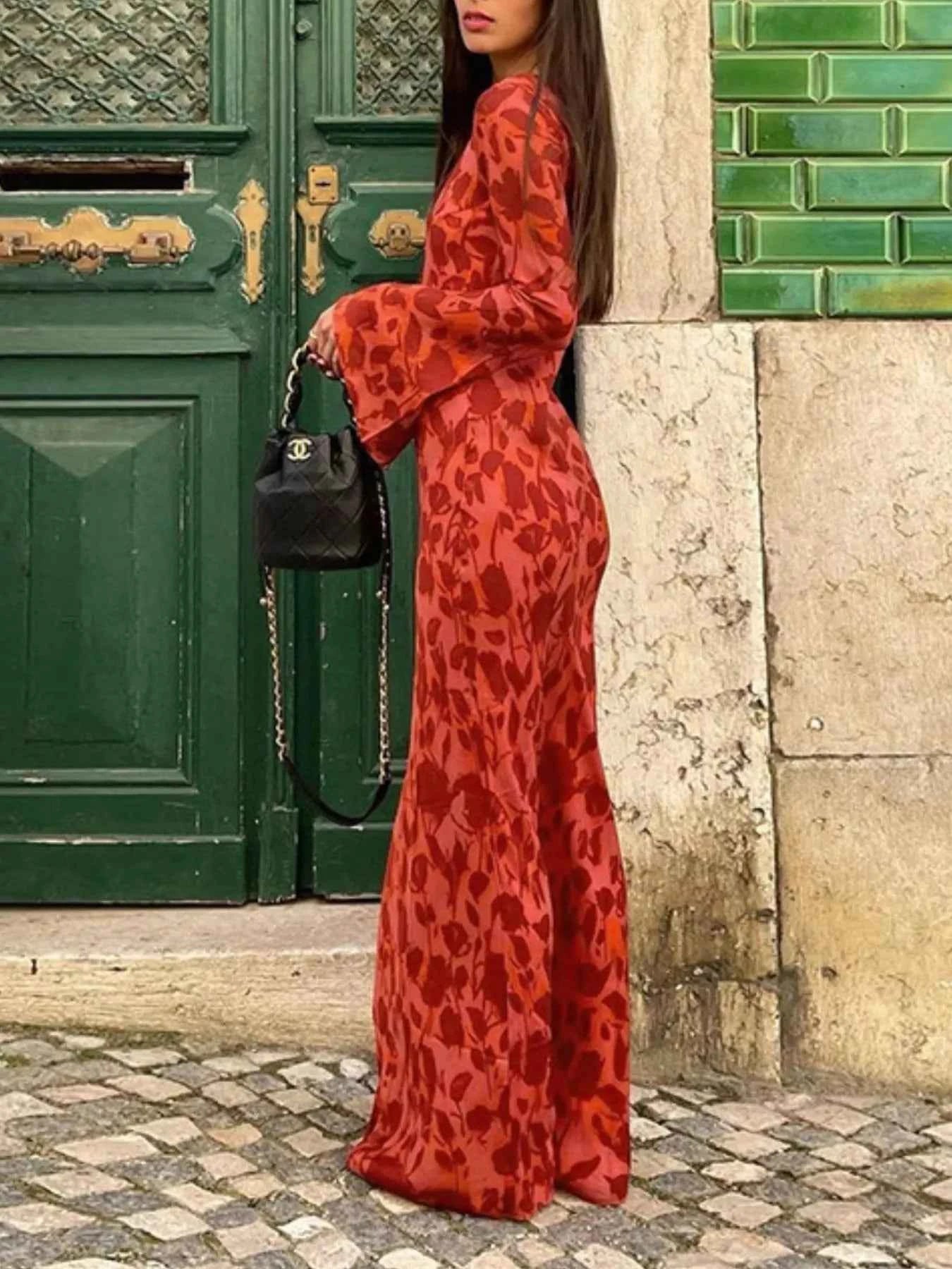 Floral Print Fare Sleeve Maxi Dress