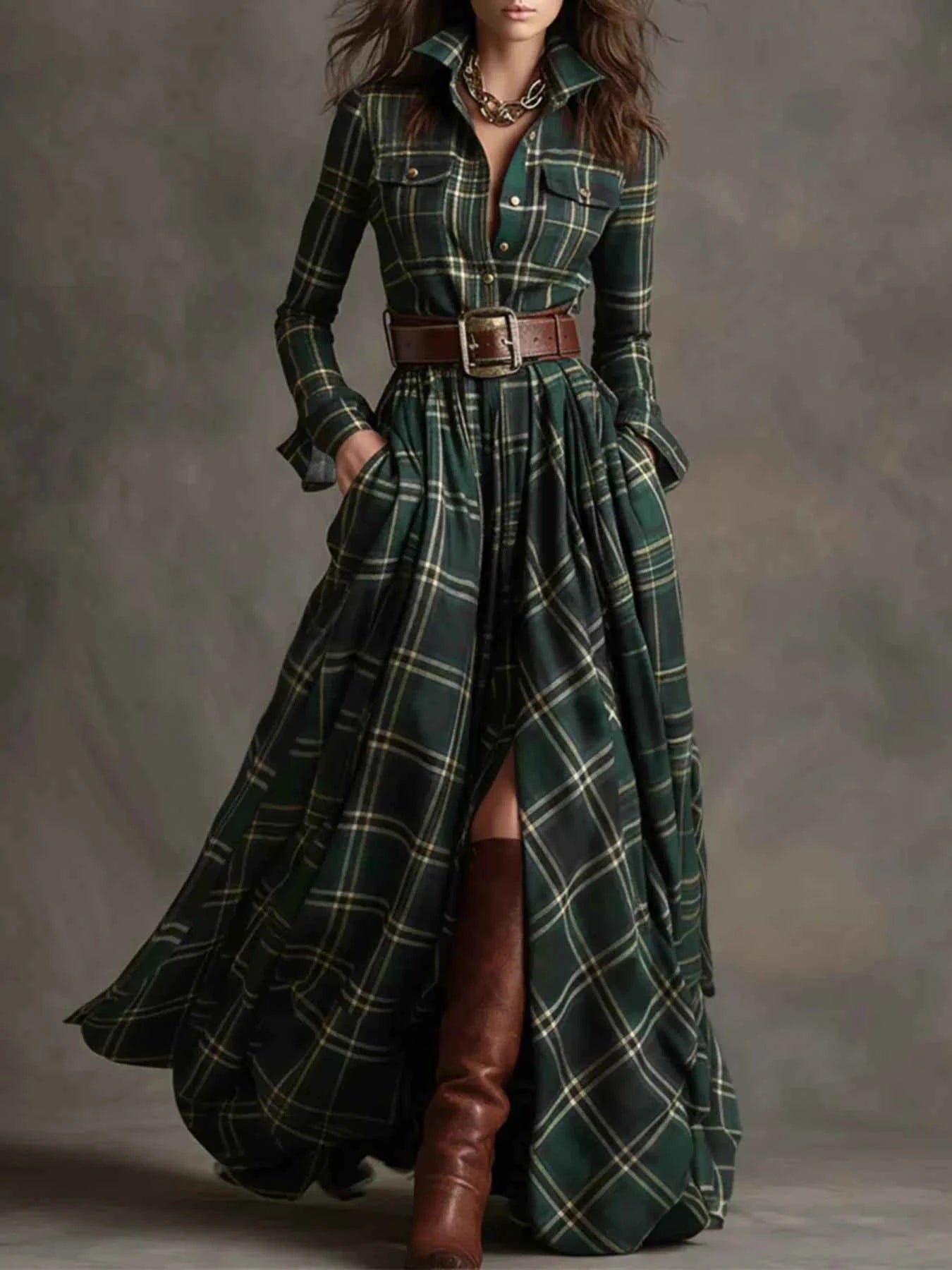 Plaid Button Front Maxi Shirt Dress