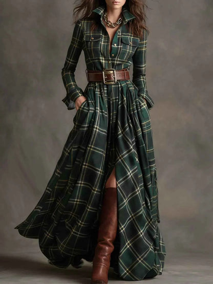 Plaid Button Front Maxi Shirt Dress