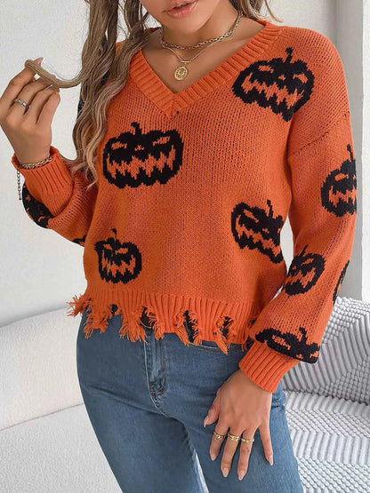 Halloween Pumpkin Pattern Raw Hem V-Neck Sweater