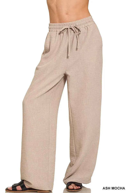 Zenana Woven Crepe Elastic Band Pants