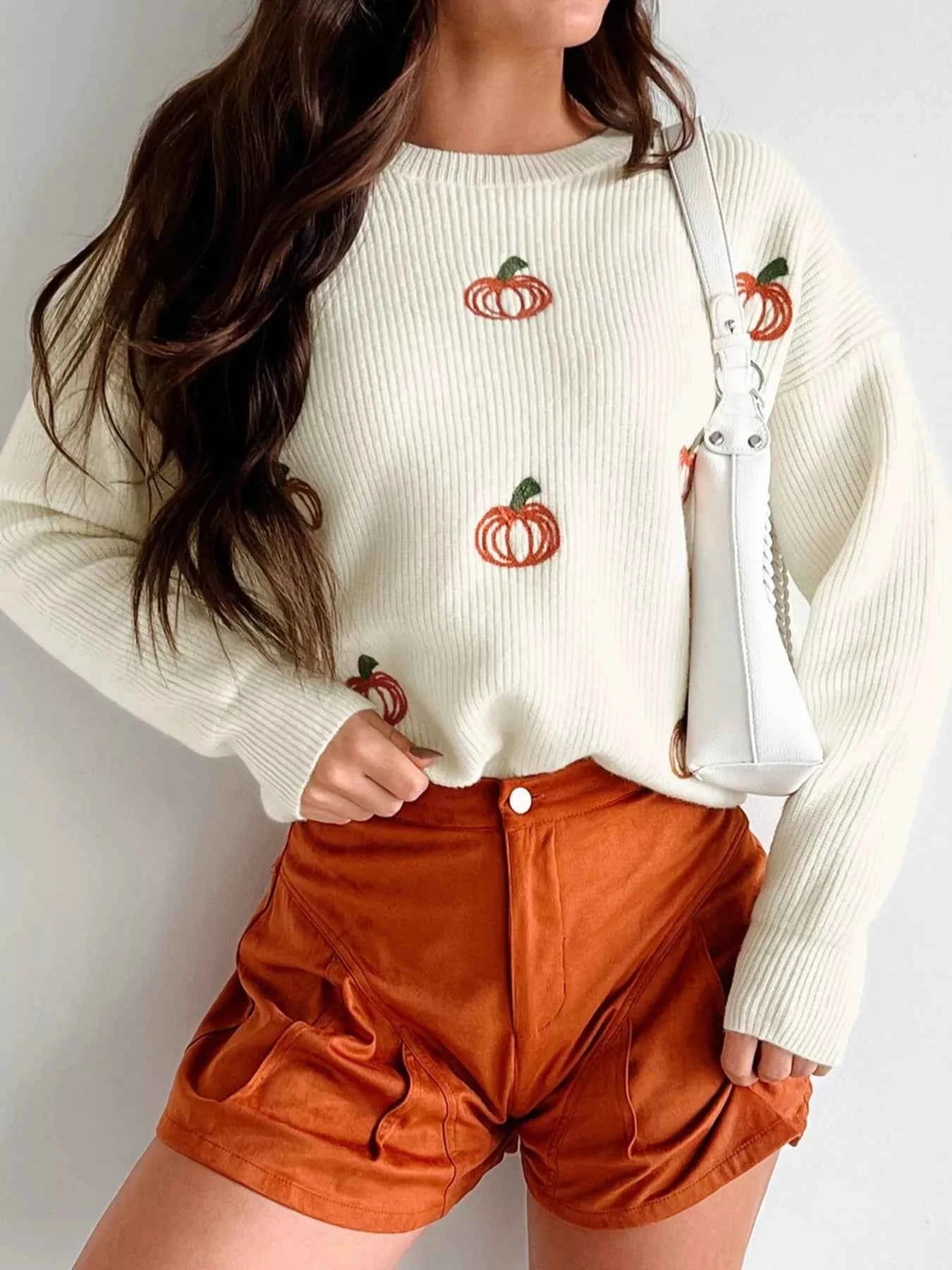 Halloween Pumpkin Embroidered Round Neck Long Sleeve Sweater