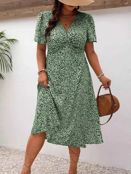 Plus Size Printed V-Neck Short Sleeve Midi Dress