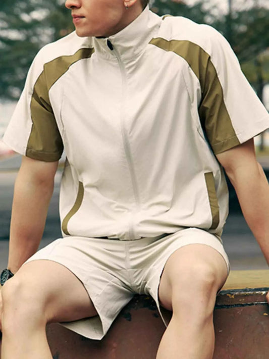Men's Color Block Zip Up Short Sleeve Jacket