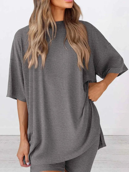 Full Size Oversized Round Neck Top and Shorts Set Plus Size