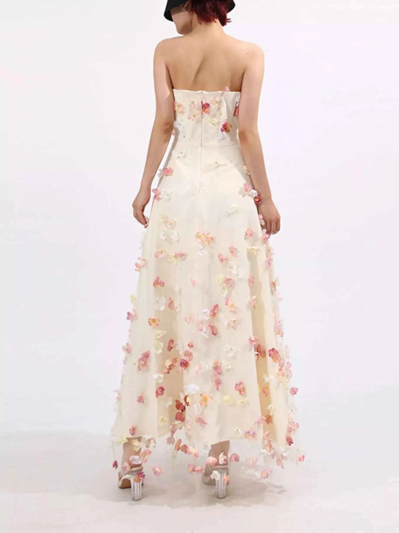 Floral Applique Strapless Tulle Maxi Dress