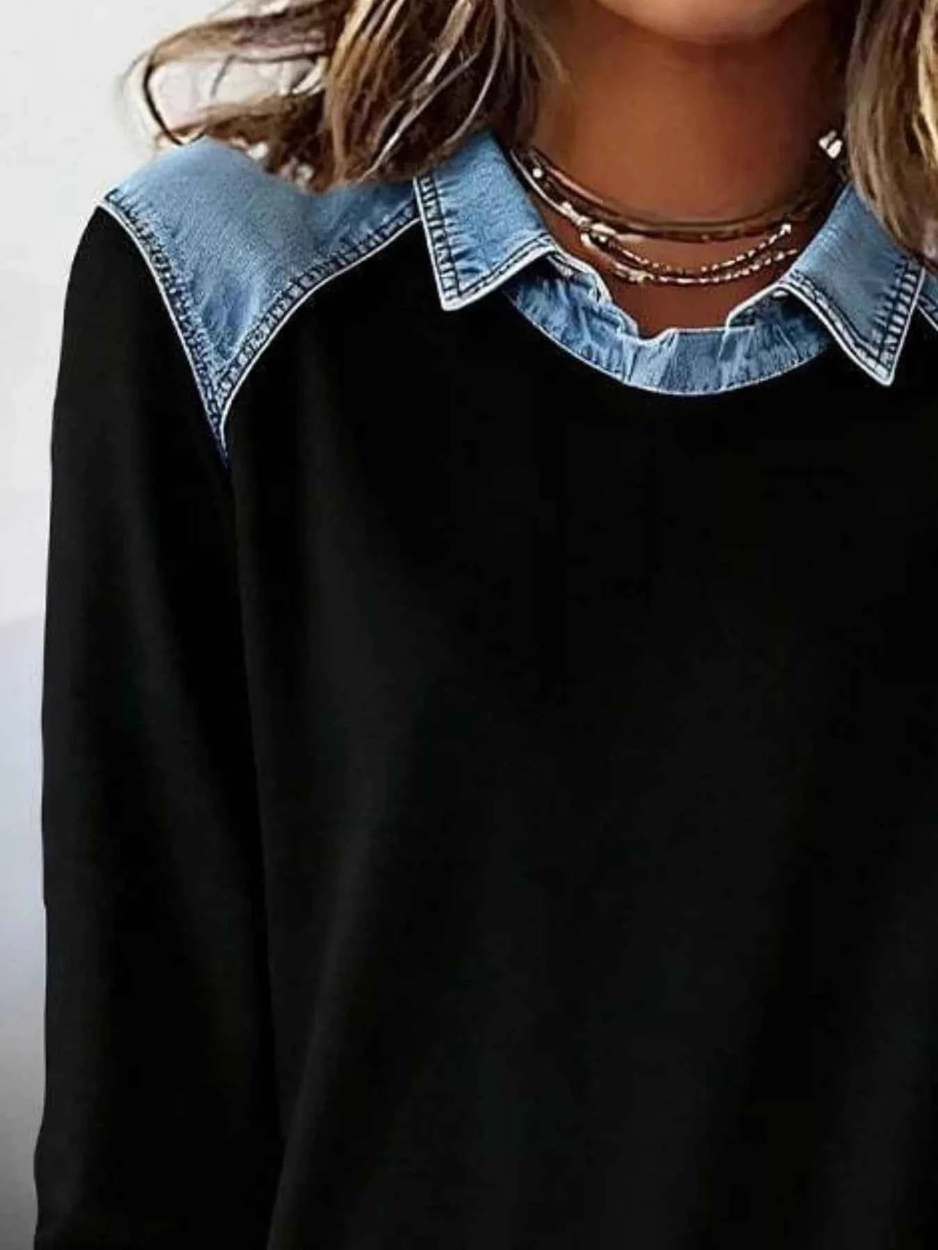 Full Size Denim Trim Long Sleeve Top Plus Size