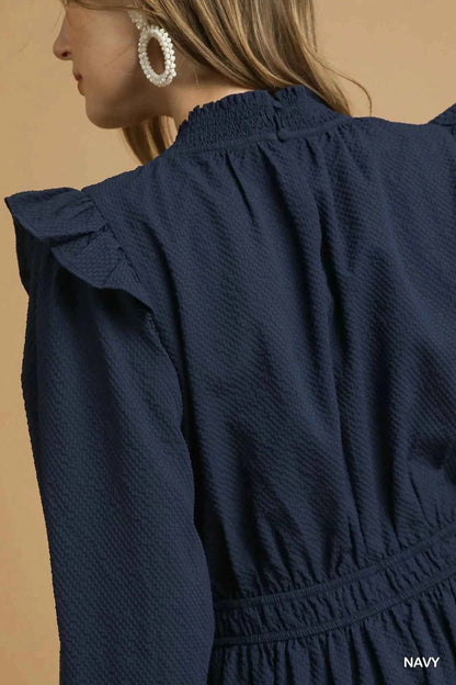 Umgee Textured Midi Dress with Ruffle Shoulder Detail