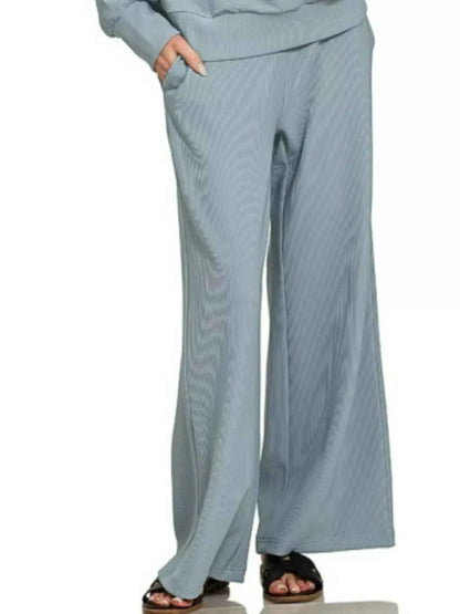 Zenana Ribbed High Neck Half Zip Pullover & Pants Set