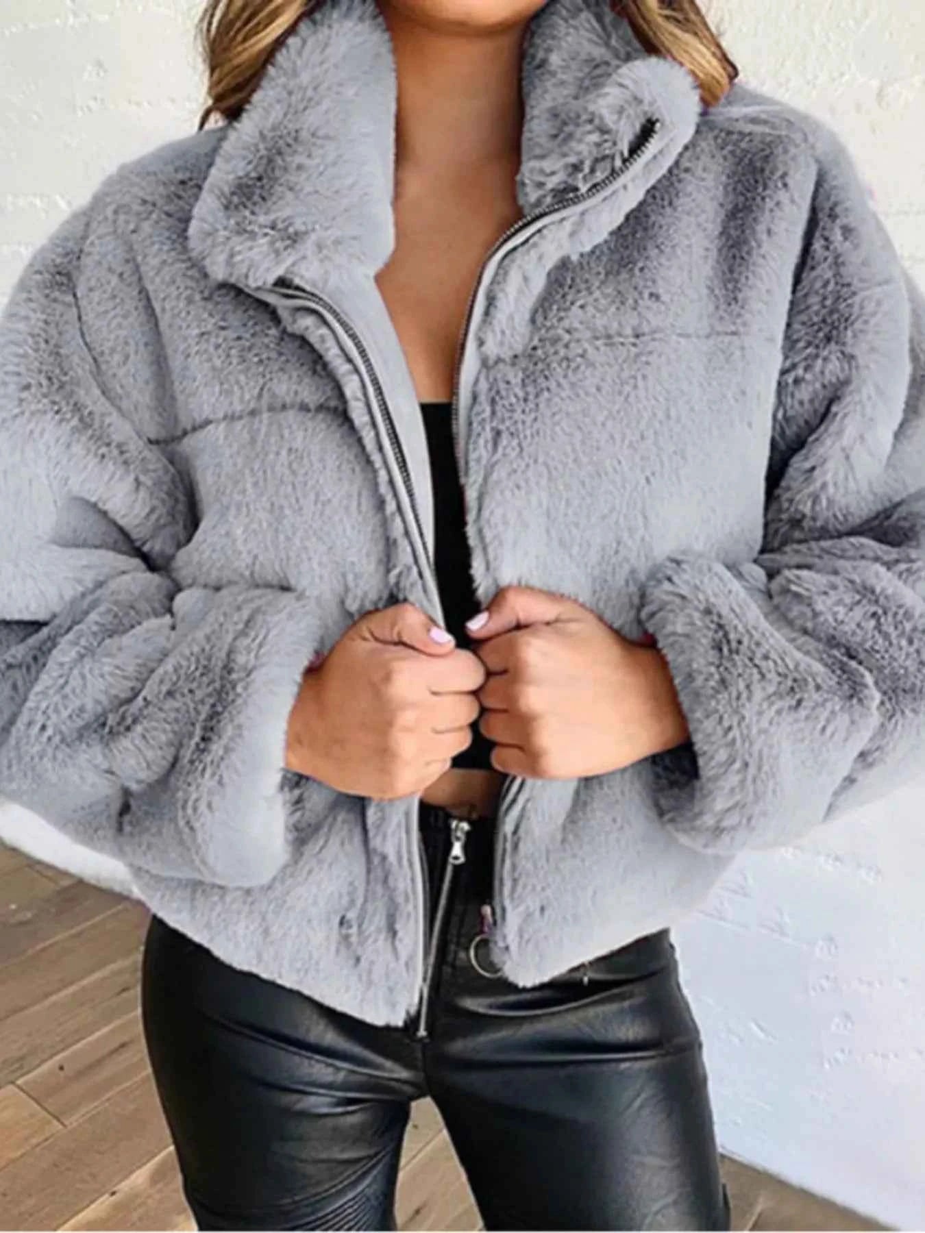Full Size Faux Fur Cropped Zip-Up Jacket Plus Size