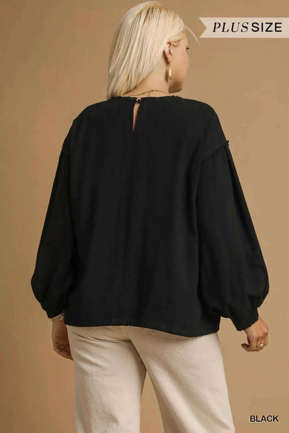 Umgee Full Size Linen Long Sleeve Top with Drawstring Plus Size