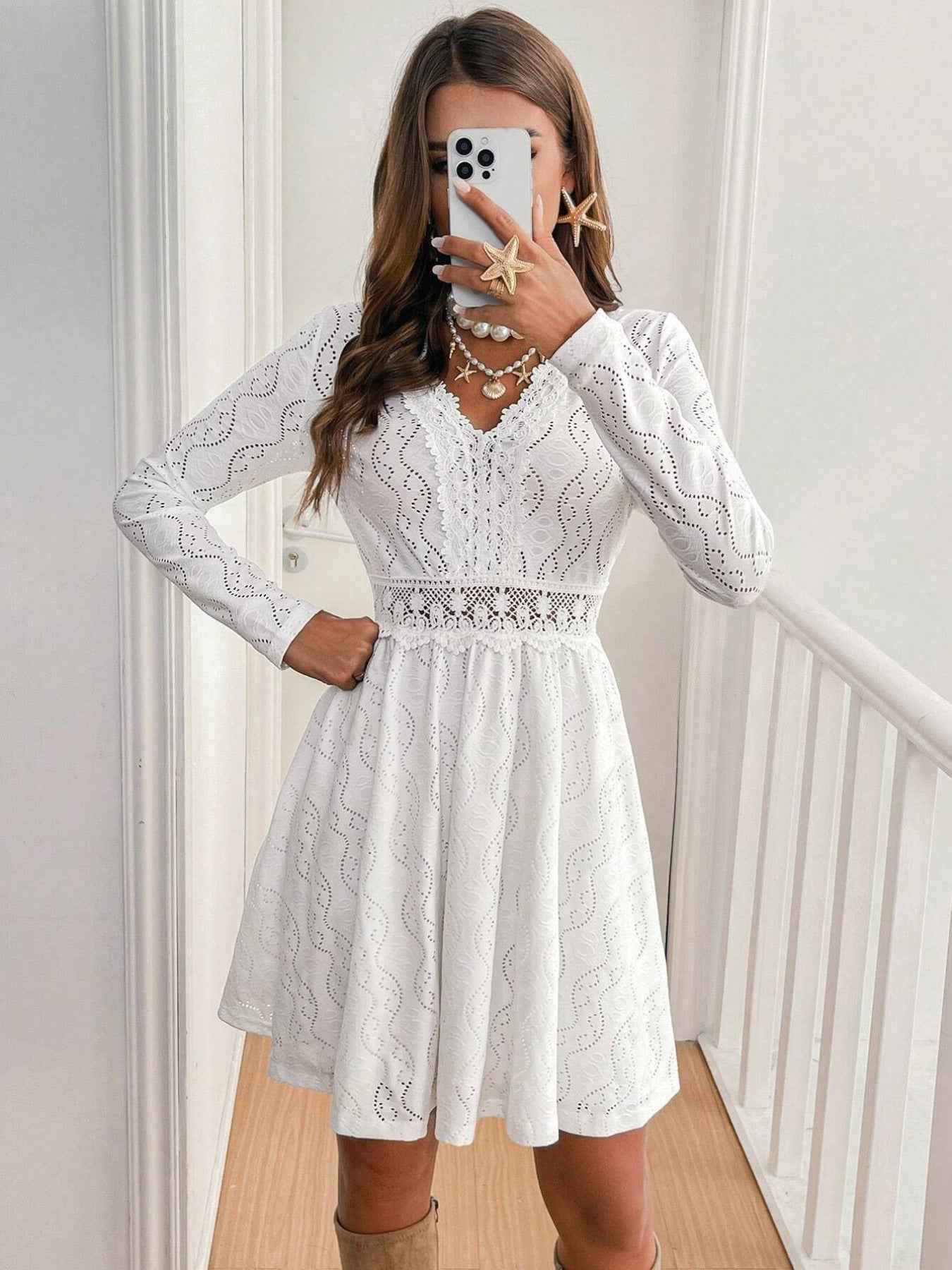 Lace Openwork Long Sleeve V-Neck Dress