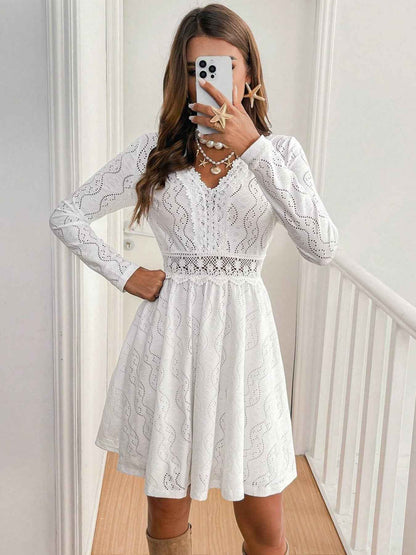 Lace Openwork Long Sleeve V-Neck Dress
