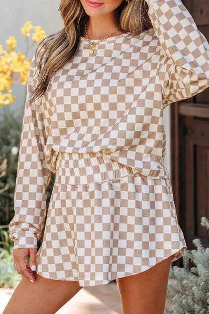 Checkered Long Sleeve Top and Skirt Two-Piece Set