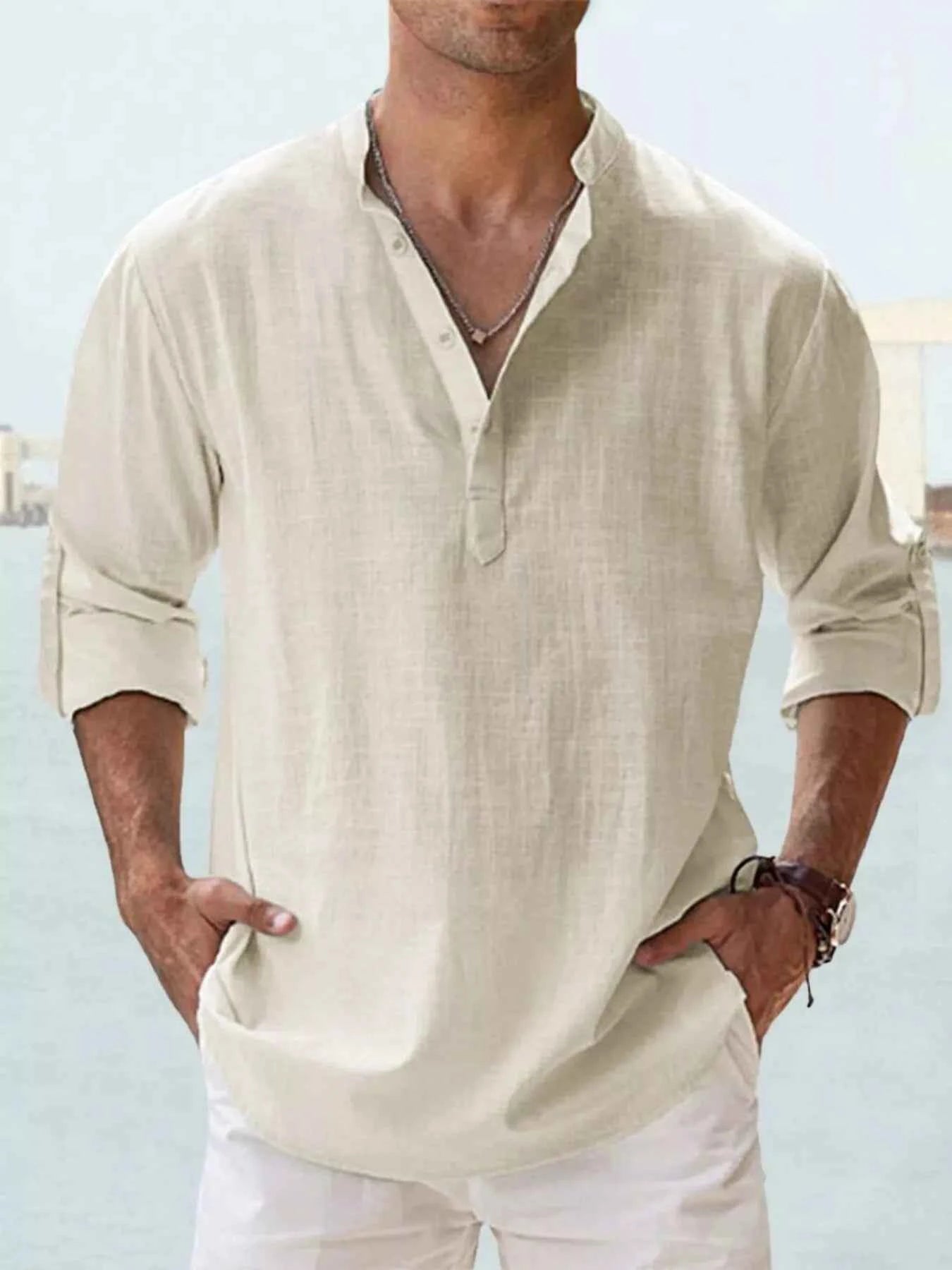 Men's Full Size Casual Button Detail Roll-Up Sleeve Blouse Plus Size