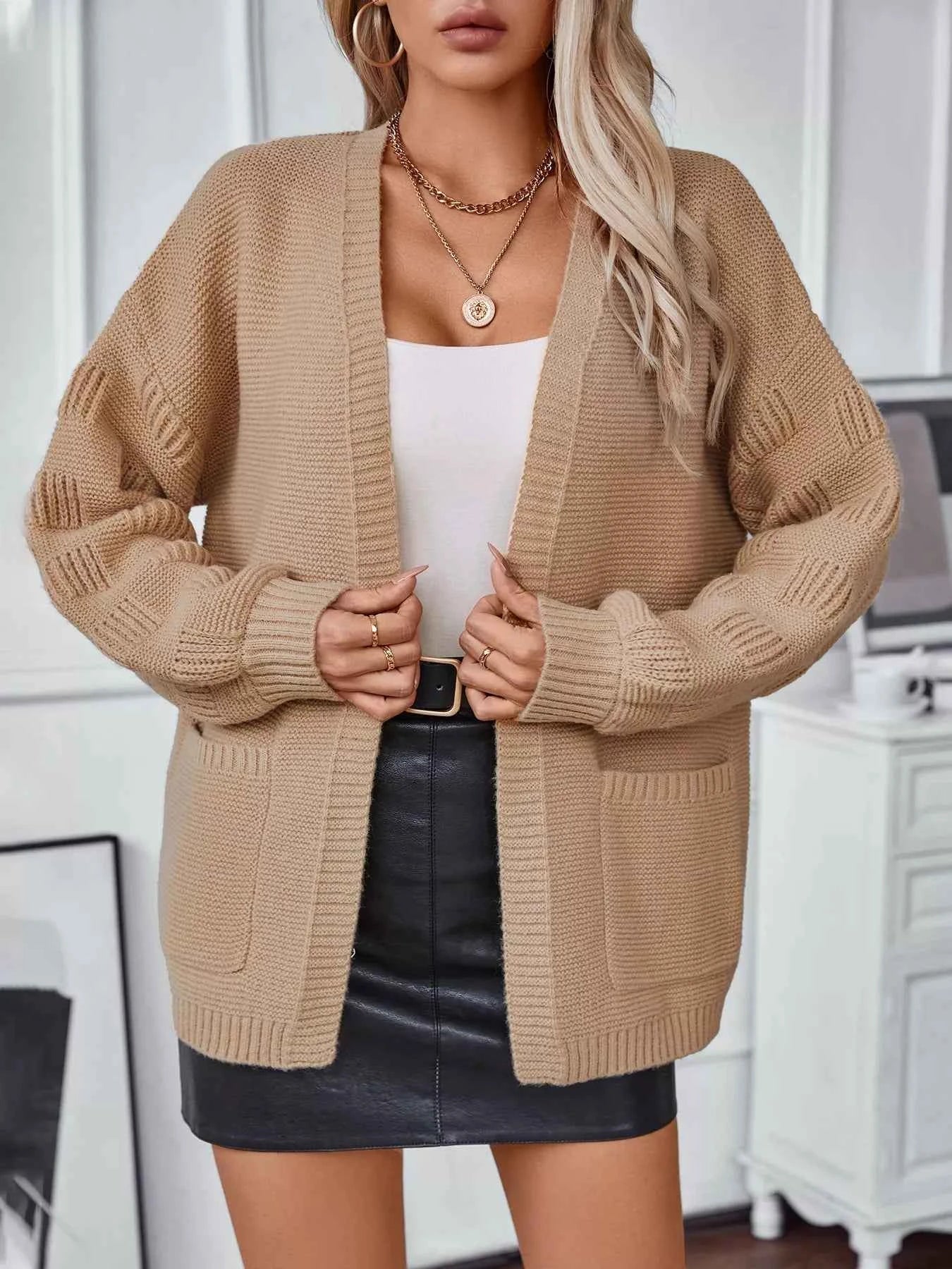 Textured Knit Open Front Cardigan