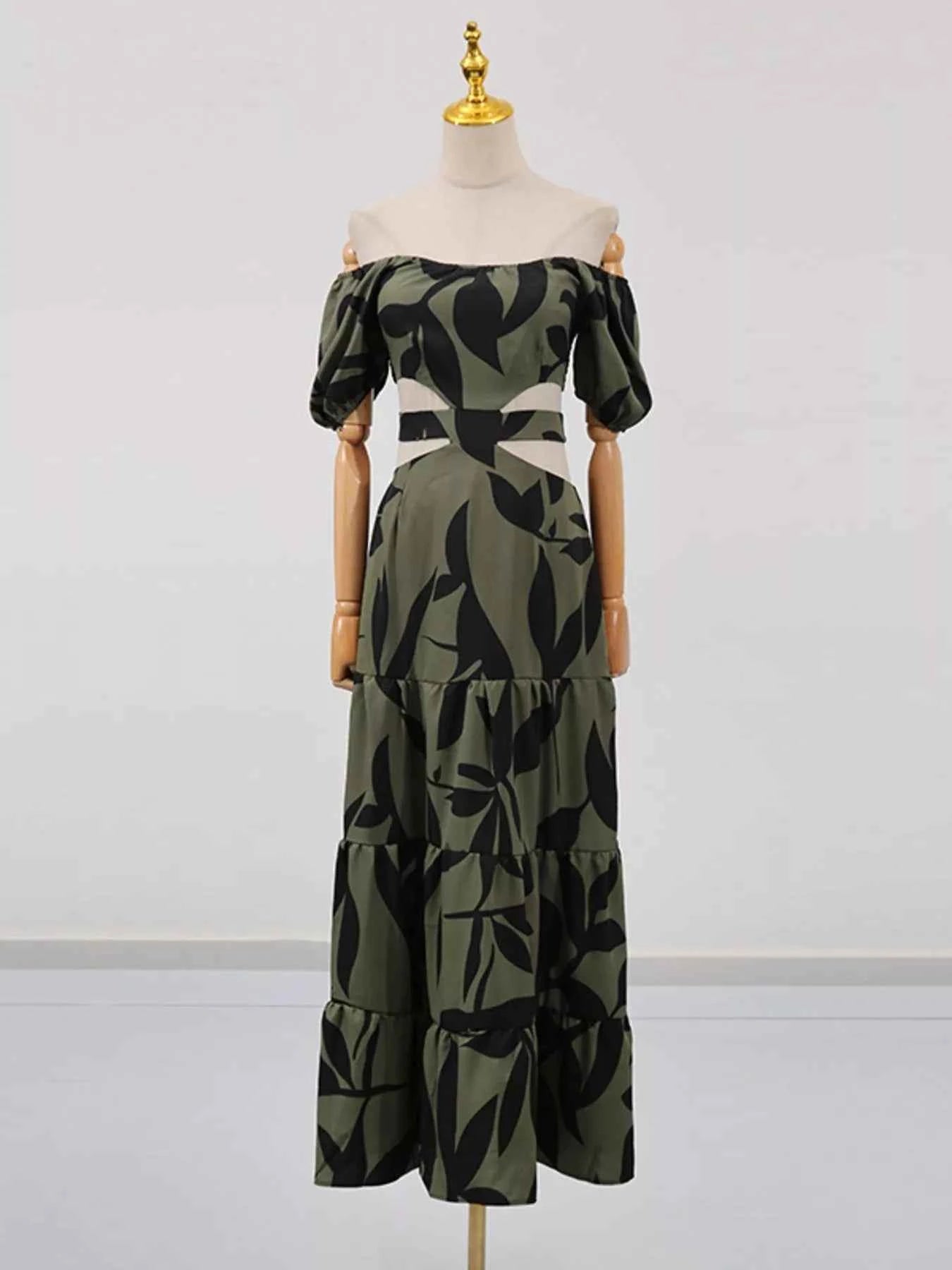 Off-Shoulder Cutout Leaf Print Maxi Dress
