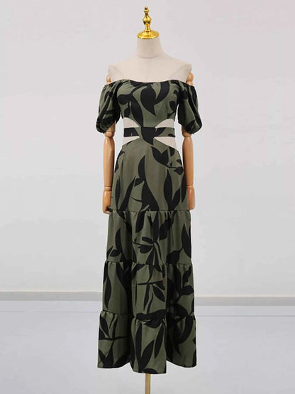 Off-Shoulder Cutout Leaf Print Maxi Dress
