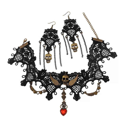Halloween Lace Skull Necklace and Earrings Jewelry Set