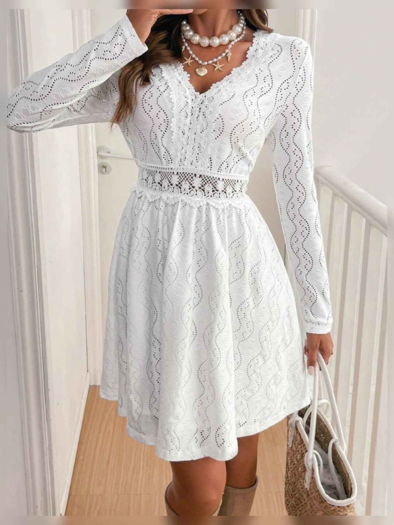 Lace Openwork Long Sleeve V-Neck Dress
