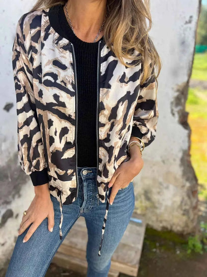 Full Size Zip Up Zebra Print Bomber Jacket Plus Size