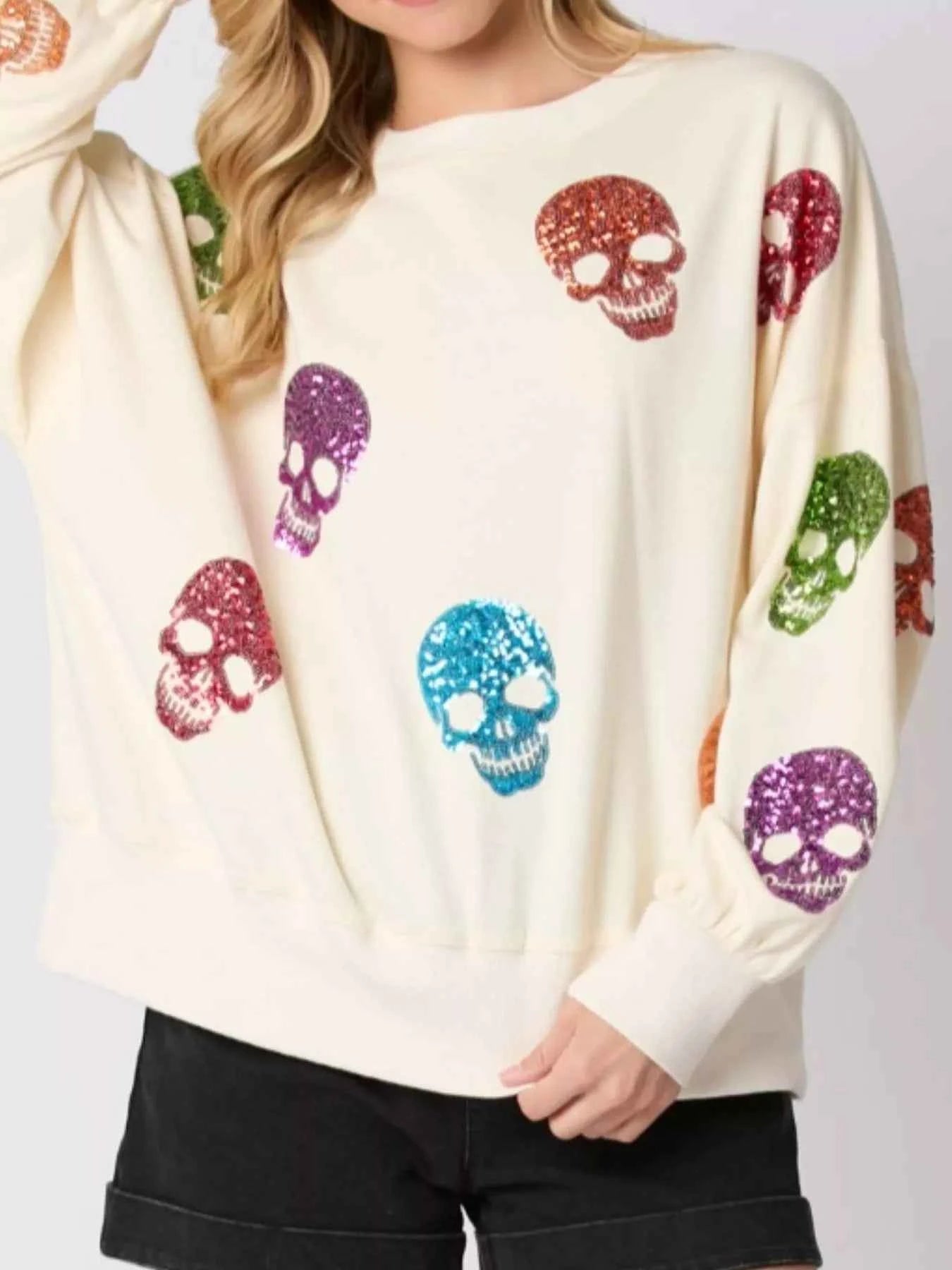 Halloween Colorful Skull Sequin Oversized Sweatshirt