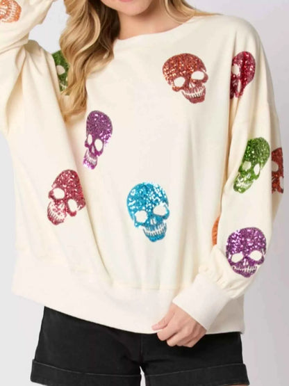 Halloween Colorful Skull Sequin Oversized Sweatshirt