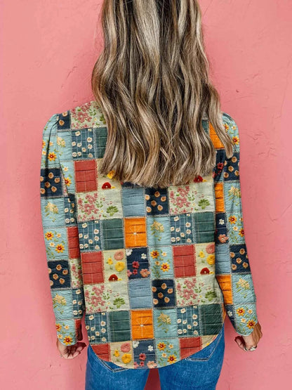 Floral Half Placket Notched Blouse