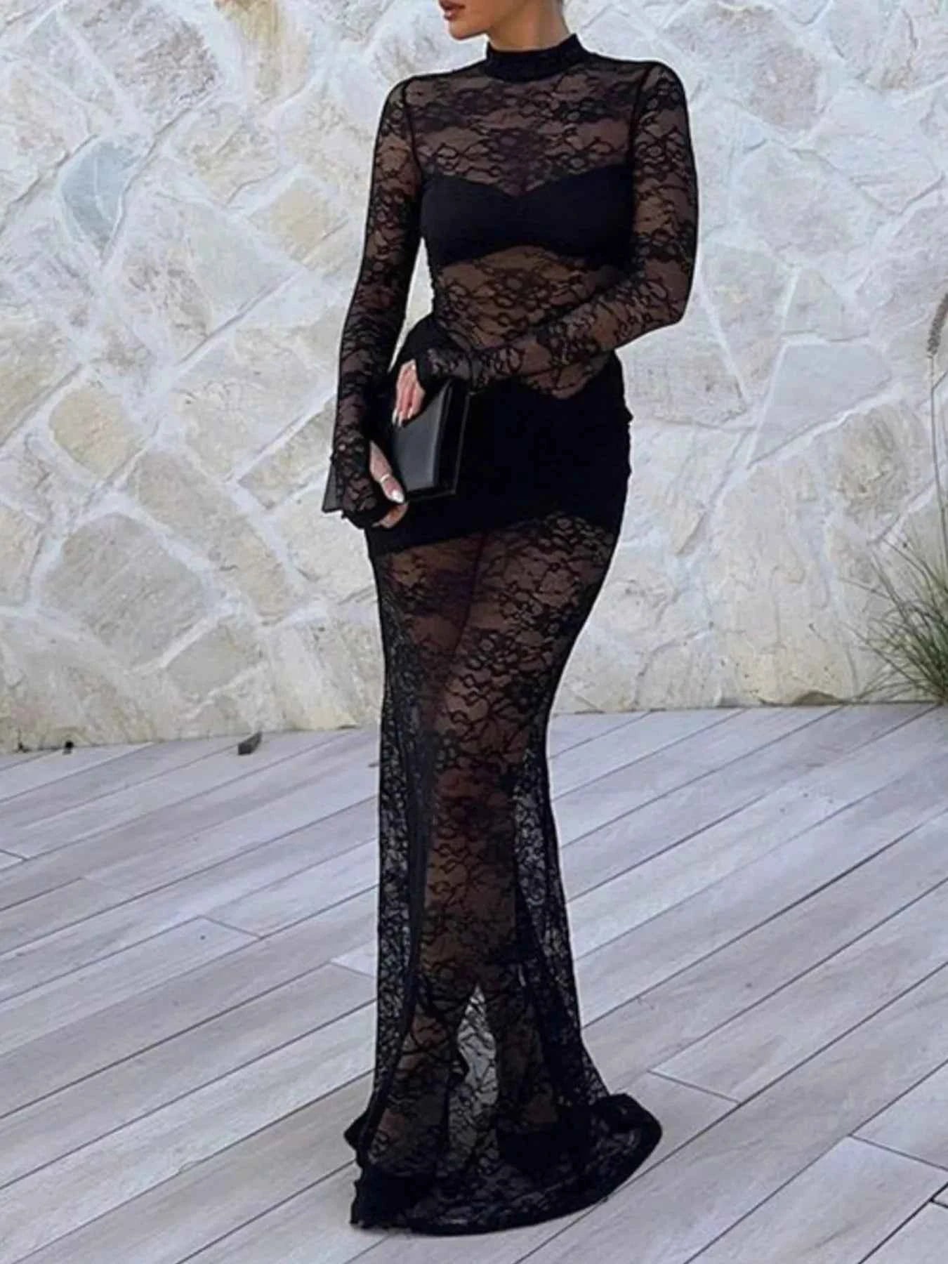 Lace Sheer Mock Neck Long Sleeve Maxi Dress