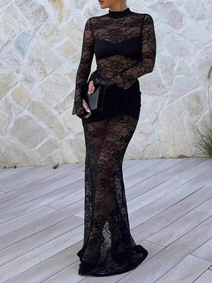 Lace Sheer Mock Neck Long Sleeve Maxi Dress