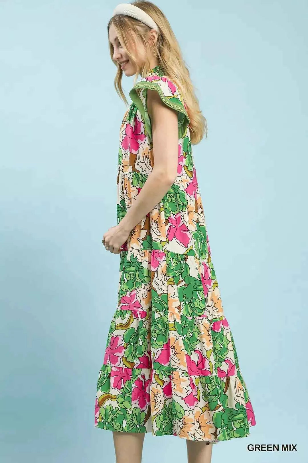 Umgee Mix Bold Floral Tiered Midi Dress