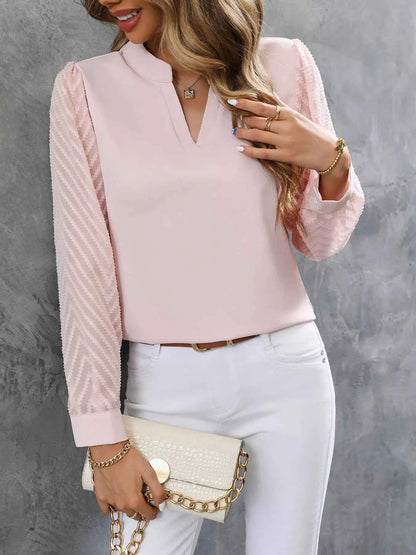 Sheer Sleeve V-Neck Blouse