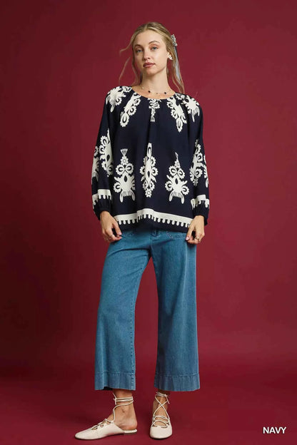 Umgee Two Tone Border Print Top with Balloon Sleeves