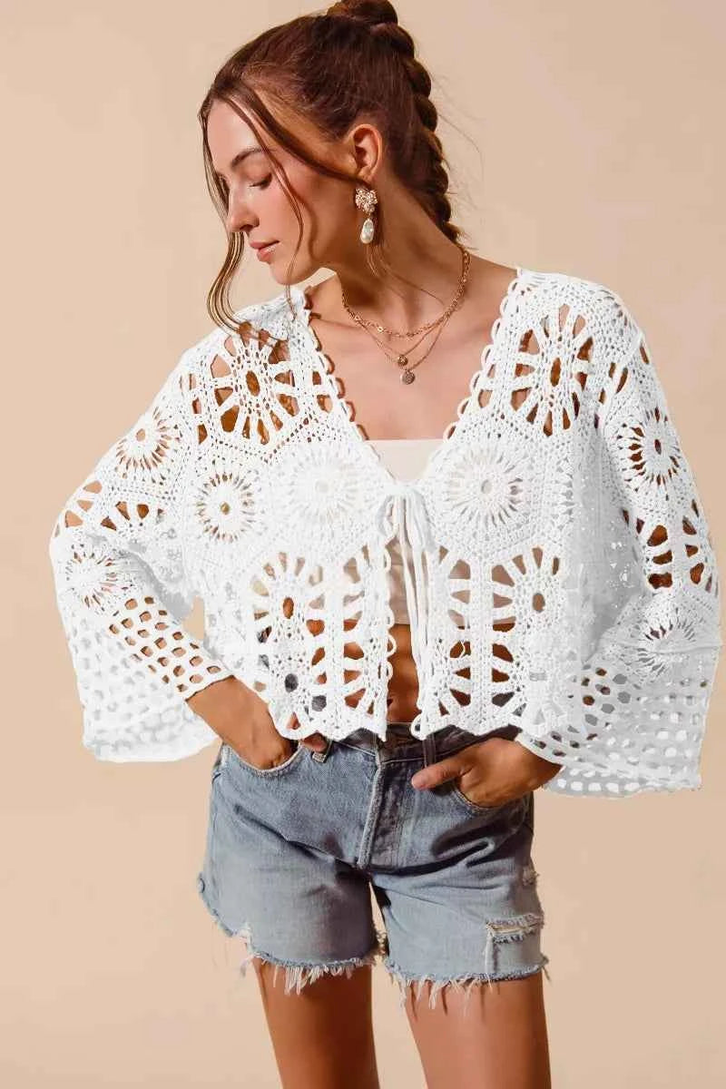 SO ME Floral Pattern Crochet Knit Tie Front Crop Cardigan